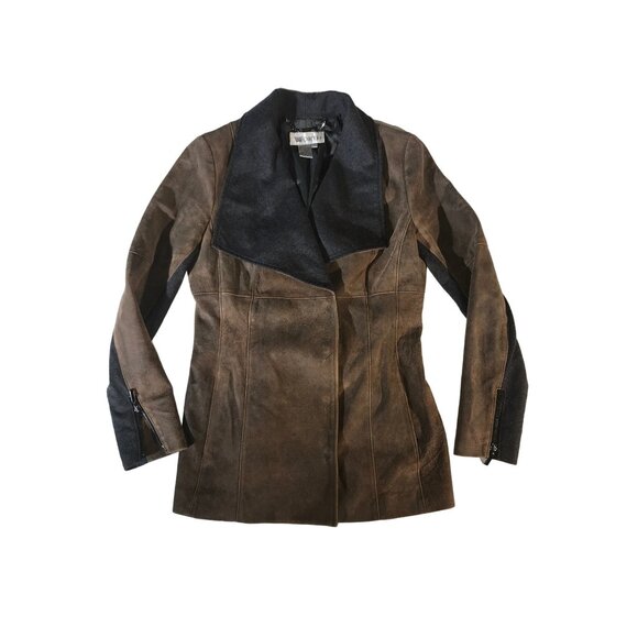 Worth Women's Brown Leather and Grey Wool Accents Core Coat - Picture 1 of 8